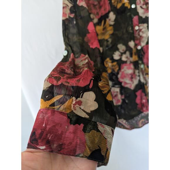 Figueroa & Flower Womens Wimsygoth Dark Floral Back‎ Button Up Top Sz XL Sheer - Picture 3 of 9